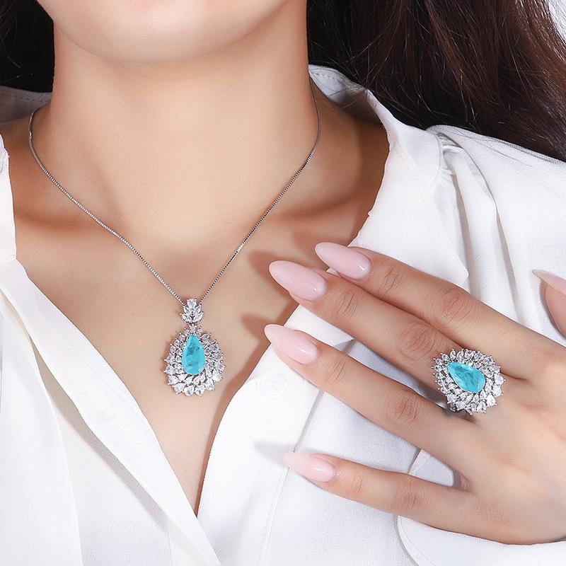Jewelry Set Imitation Paraiba Para Blue Pendant Ring Main Stone 8 * 14