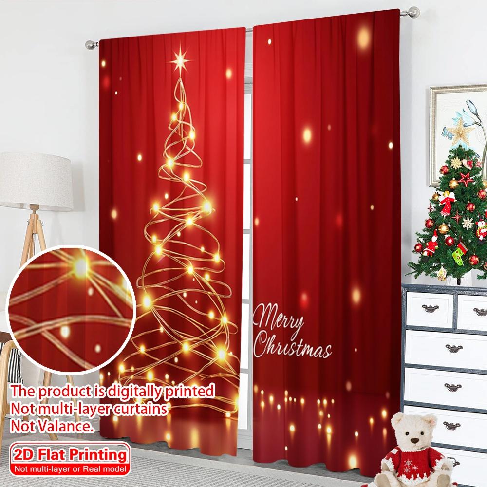 2 szt. płaski nadruk 2D Wesołych Świąt Popularna zasłona Złota Błyszcząca Choinka Poliester Bez prądu Świąteczna