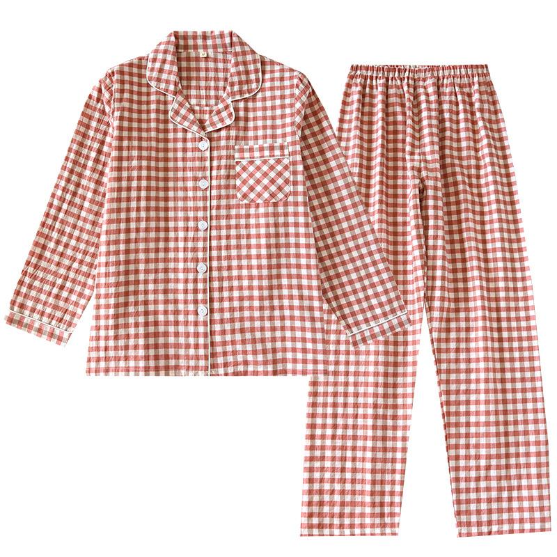 

Japanese Spring Autumn Couple Pajama Set 100% Cotton Men s and Women s Plaid Long Sleeve Two Piece Home Furnishing women-M рожевий