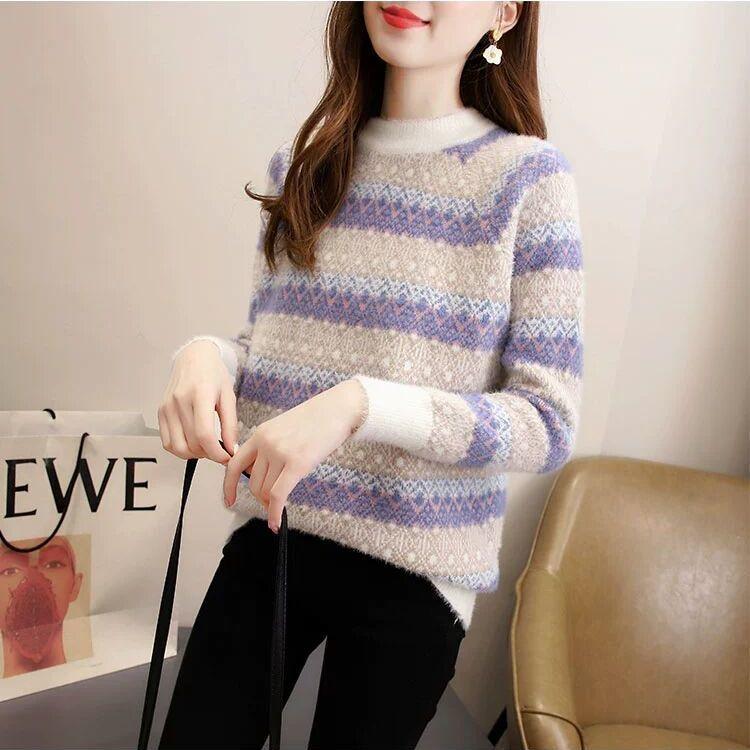 

Новый свитер из искусственного меха норки для девочек старшей школы и студентов, полувысокий воротник, корейская версия, пуловер в ленивом стиле XXL белый