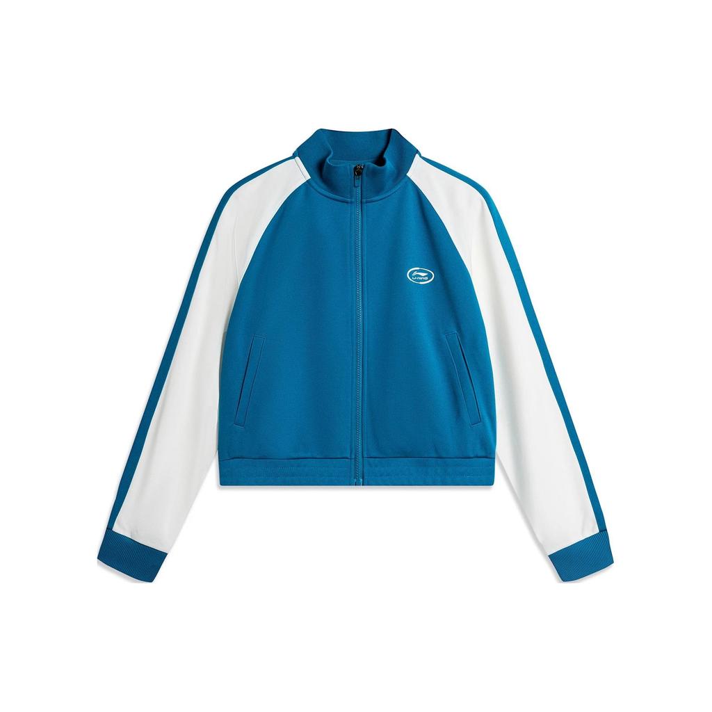 Li Ning Color Block Zipper Stand Collar Fitted Cardigan Sweatshirt Women Sweatshirts Space-Blue Milk-White AWDU456-2