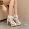 Women's White Lace Platform Heeled Sandals Ankle Strap Buckle Stiletto Heel Party Wedding Shoes