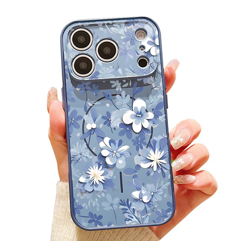 Magnetic For Magsafe Case For iPhone 17 Pro Max Blue and White Flowers Pattern Skin Feeling Cover For iPhone 16 15 14 13 Pro Max