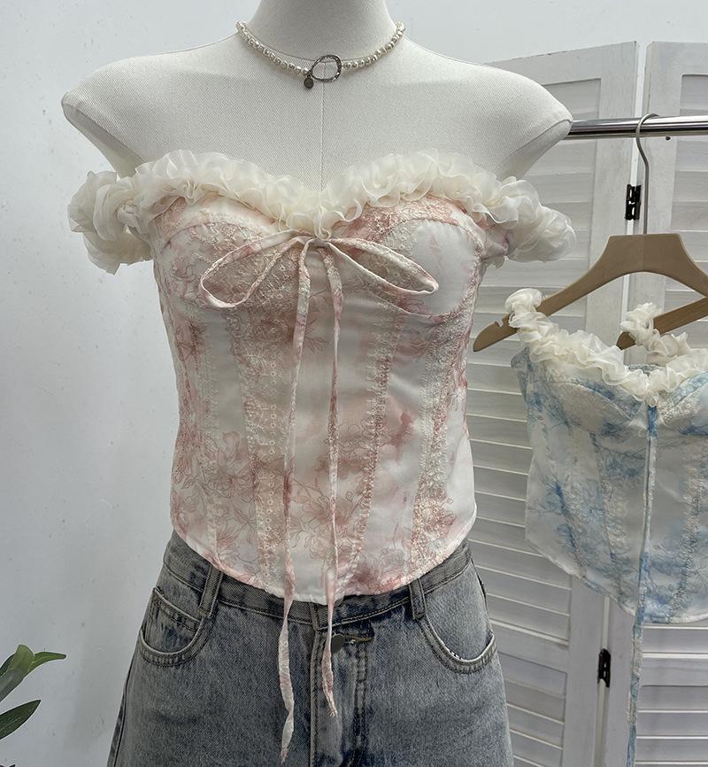 Spicy Lace Embroidered One-Shoulder Strap Padded Crop Top for Women One Size розовый