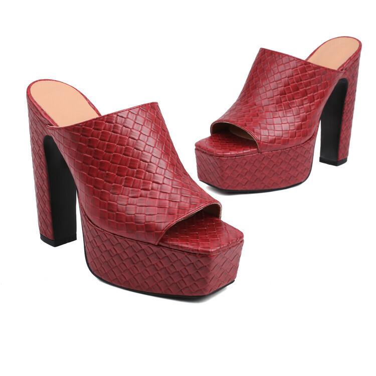 New European and American style square head snake pattern embossed fish mouth sandals waterproof table thick heel high heel sandals women's shoes