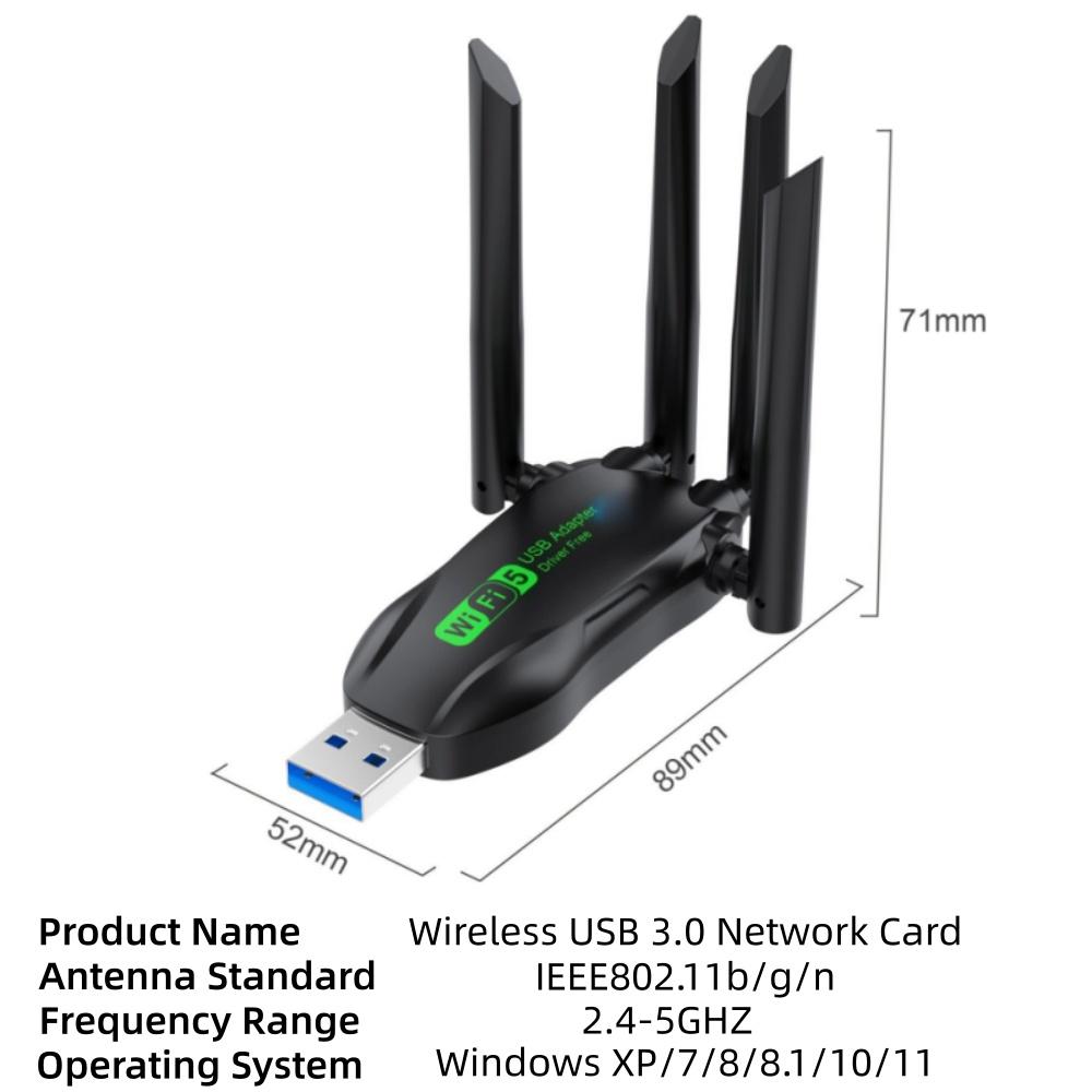 Dual Band 1300Mbps USB Adapter WiFi5 2.4G/5G 4 External Antenna Drive Free USB3.0 Wireless Receiver for Laptops/Desktops