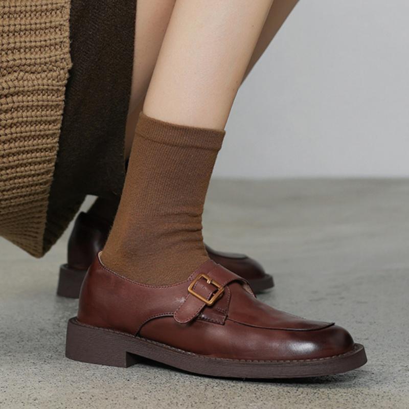 Fashion Hot Sale Women's Cow Leather Metal Buckle Round Toe Slip On Flat Shoes High Quality Soft Comfortable Loafers Casual Daily Famale