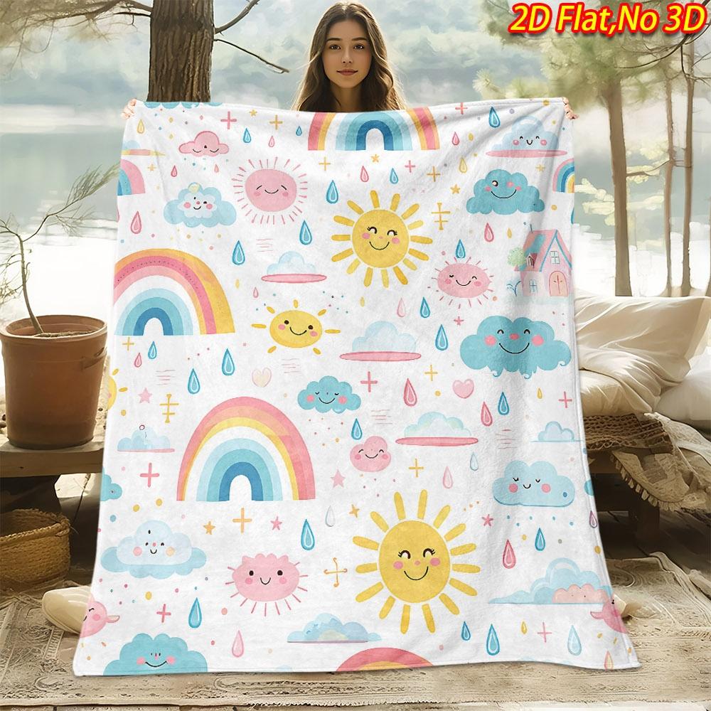 1pc 2D Flat Printing Spring And Summer New Arrival Cute Sun Cloud Raindrop Theme Digital Print Blanket, All-Season Use, Casual Throw, 100% Polyester F