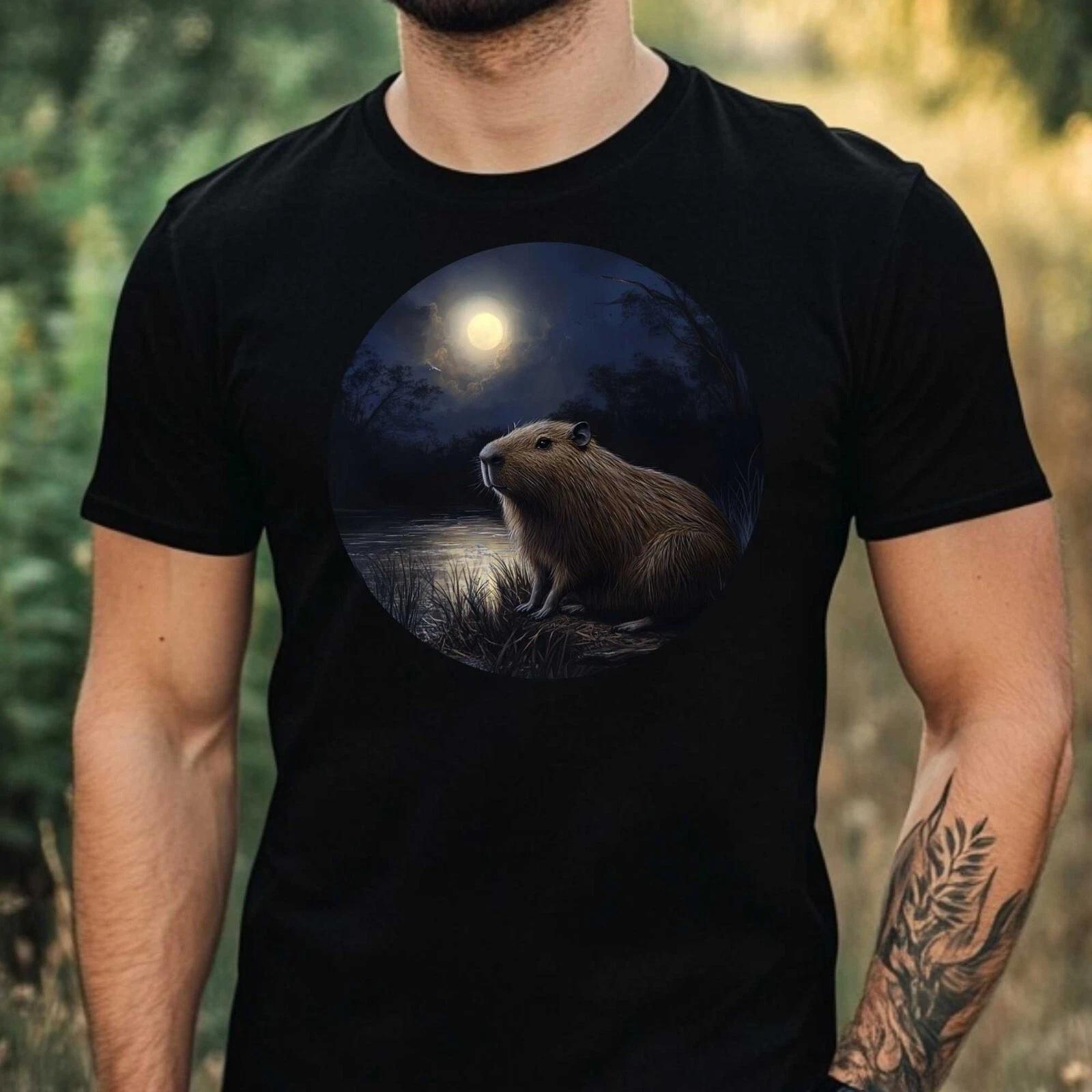 T-Shirt Herren Capybara im Mondlicht Motiv Baumwolle Größe XS bis 5XL XL