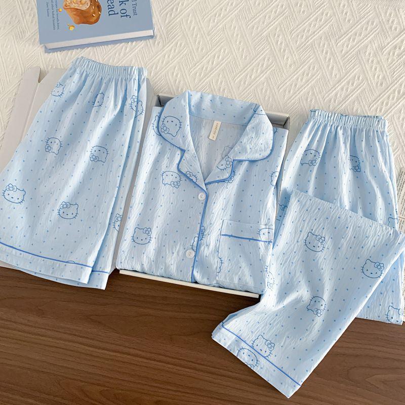 Summer Women's Three-Piece Pajama Set: Cardigan, Short Sleeve Top, Shorts, and Long Pants - Lightweight and Cute for Home or Outdoor Wear