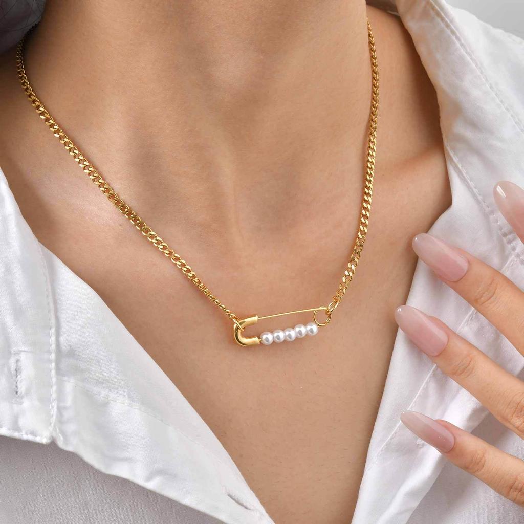 Niche Design Pin Pearl Necklace French Trend Fashion Stainless Steel Collarbone Chain Female Nc-2563