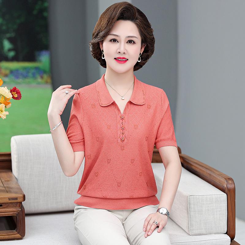 

2026 Stylish Ice Silk Lapel Top: Elegant Loose Blouse for Middle-Aged & Elderly Women, Short-Sleeved Summer T-Shirt L оранжевый/красный