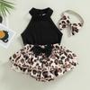 Baby Girl 3Pcs Summer Outfits, Sleeveless Halter Tops + Ruffle Shorts + Headband Set