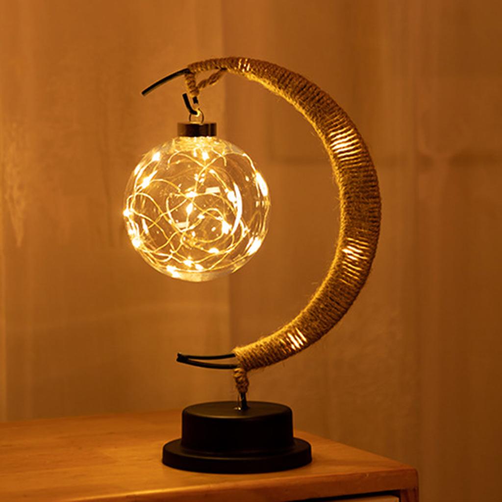 LED Table Lamp Hemp Rope Wrought Iron Moon Ball Decorative Bedside Night Lamp for Children Holiday Party Gift