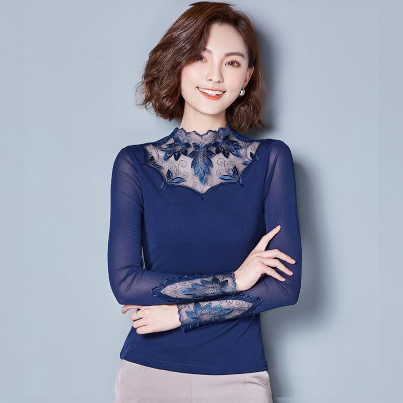 Hollow Out Women Spring Autumn Style Lace Blouses Shirts Casual Long Sleeve Patchwork Spliced Turtleneck Blusas Tops