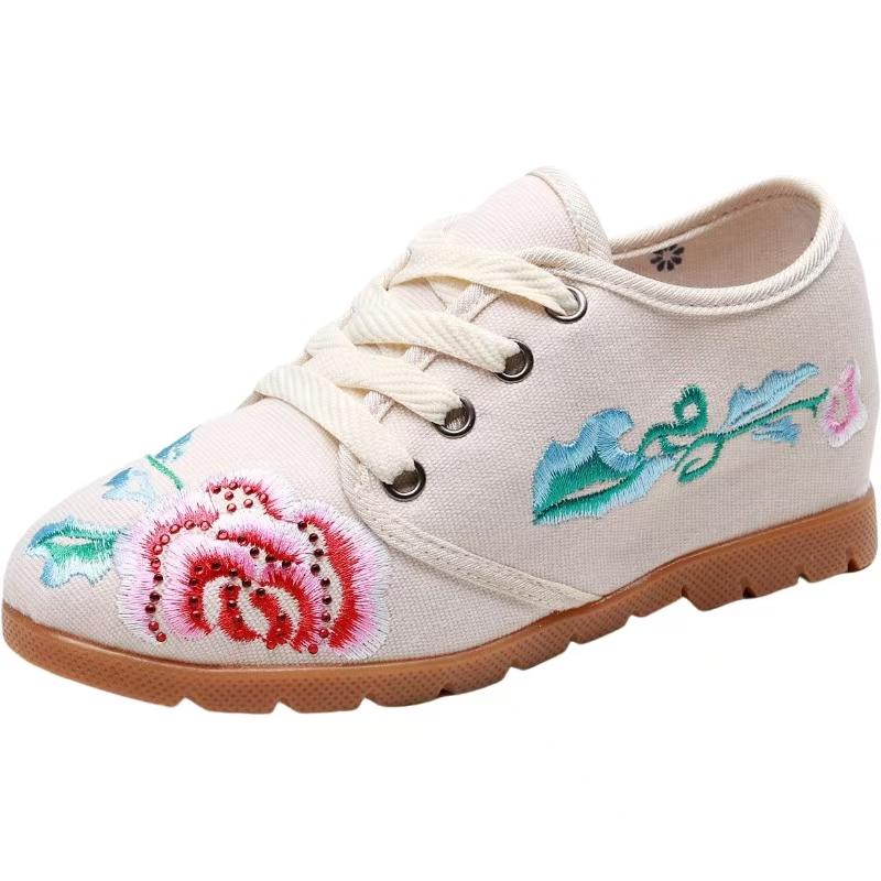 Woman Increased Internal Embroidered Cloth Shoes Ethnic Style Spring Autumn New Round Toe Lace Up Wedges Casual Nude Shoes