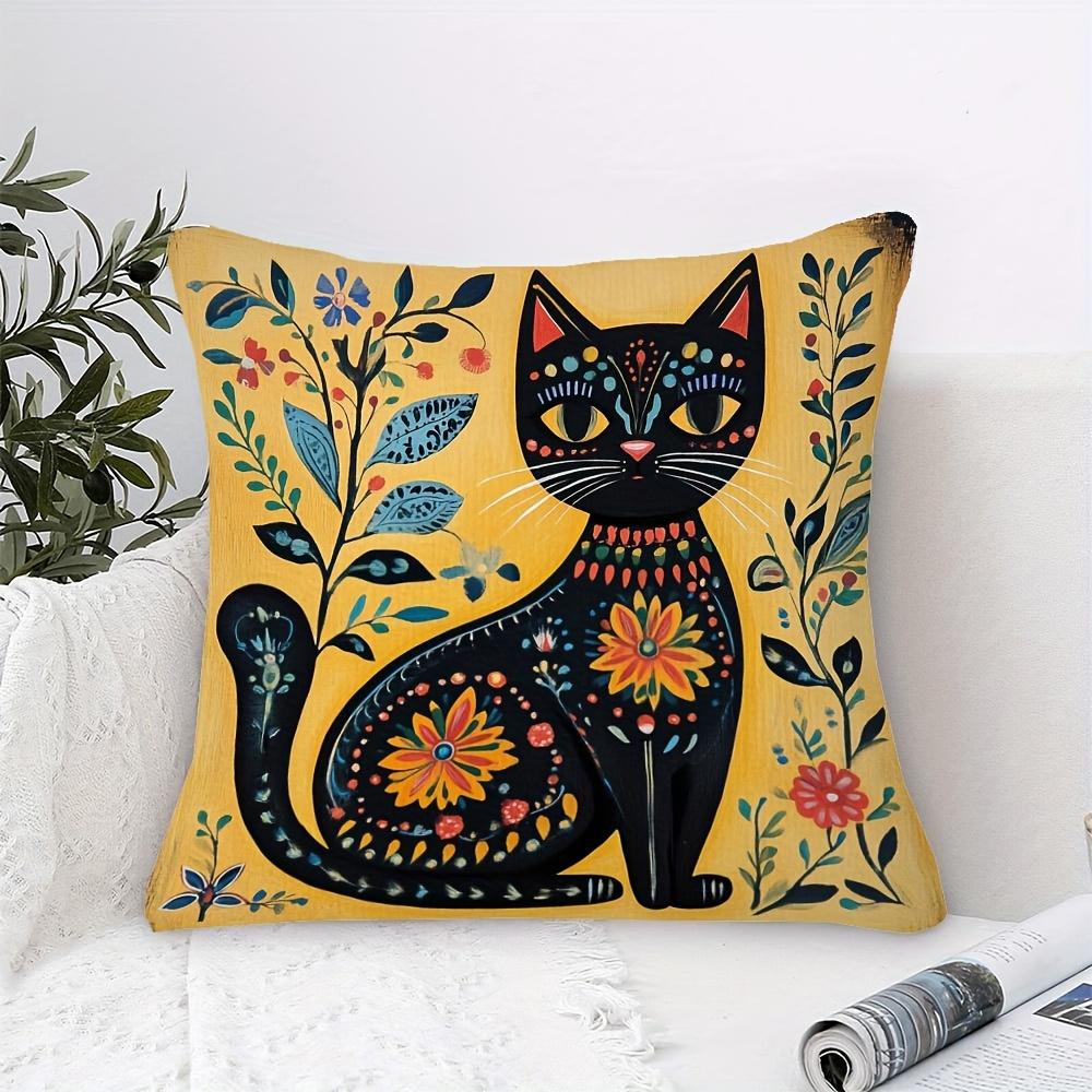 1Pc Folk Art Style Floral Black Cat Printed Throw Pillow Cover,Suitable For Sofa,Bedroom,Living Room,Unique Gift For Cat Lovers