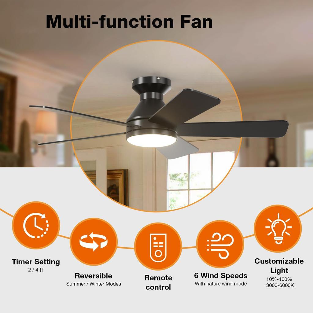 Ventilator Modern cu Lampă de Tavan 52" 5 Pale Ventilator de Tavan Silențios Corp de Iluminat LED 6 Viteze Ventilator DC Reversibil Negru/Lemn Montare Directă pe Tavan