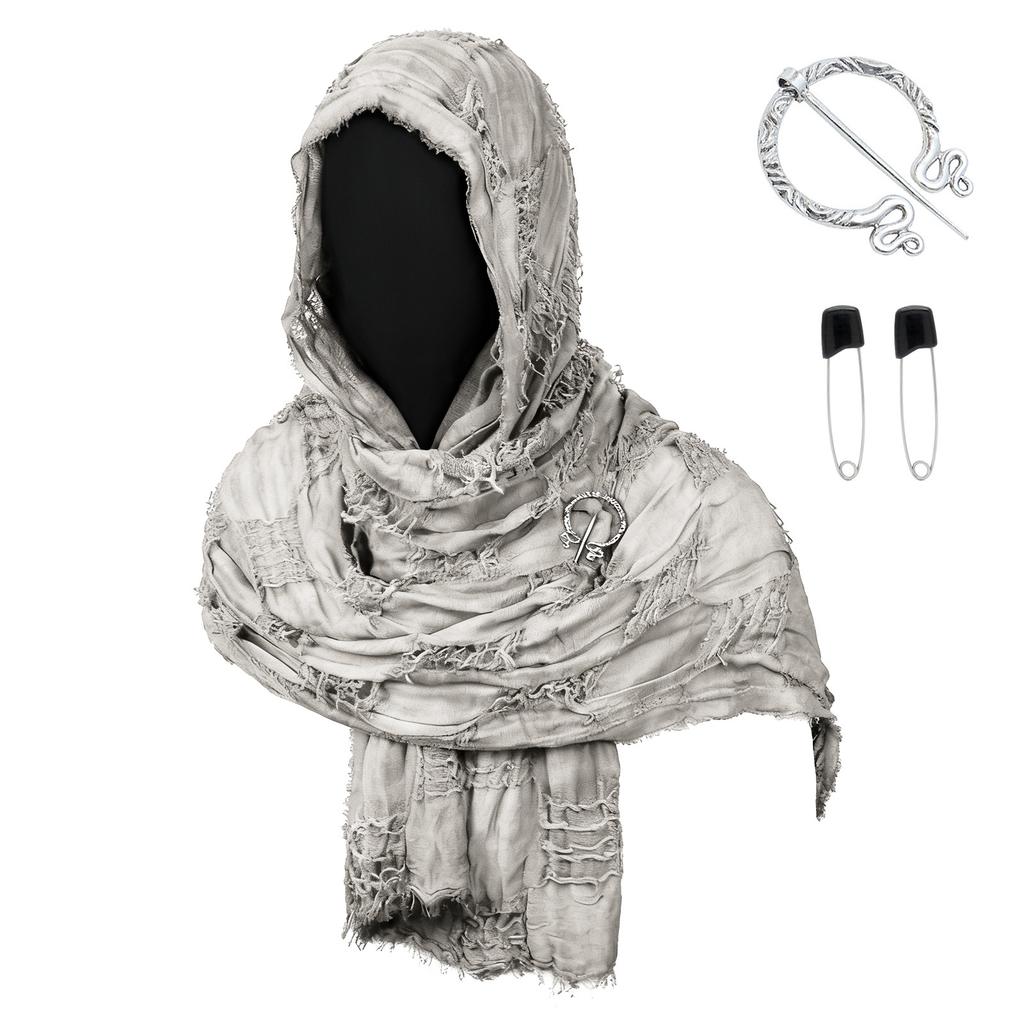 Medieval Style Hooded Cloak Scarf with Distressed Fabric and Metal Brooch Fastener for Cosplay LARP Renaissance Festival Costume Accessory