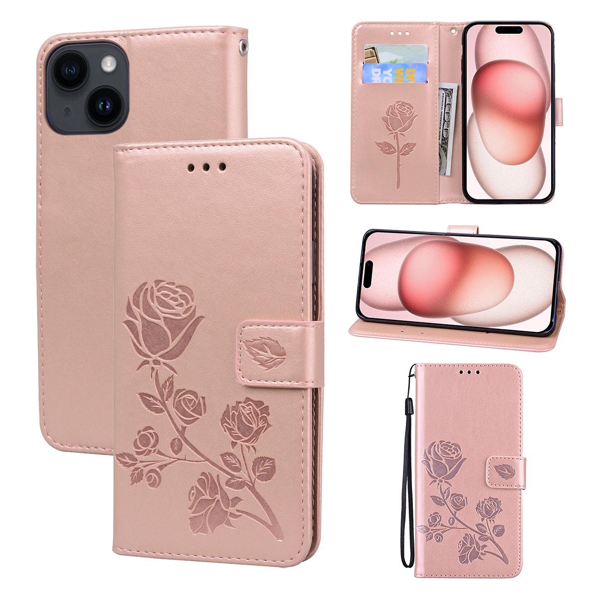 

For iPhone 15 Case Rose Pattern Leather Wallet Phone Cover with Strap Rose Gold
