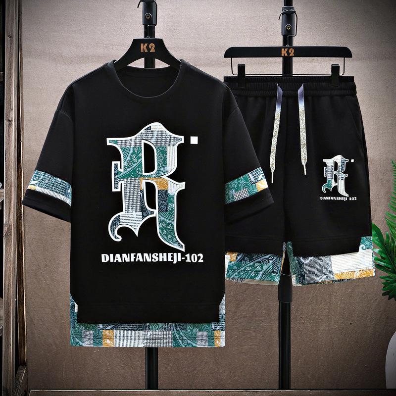 

Мужской поддельный спортивный костюм из двух частей большого размера для повседневного ношения: Модный летний наряд с короткими рукавами для студентов 2XL чёрный