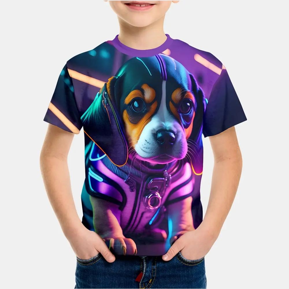 Kids Clothes Cheerful Puppy 3D Print Graphic T Shirts Summer Outdoor Play Crew Neck Short Sleeves Children's Boy's Clothing