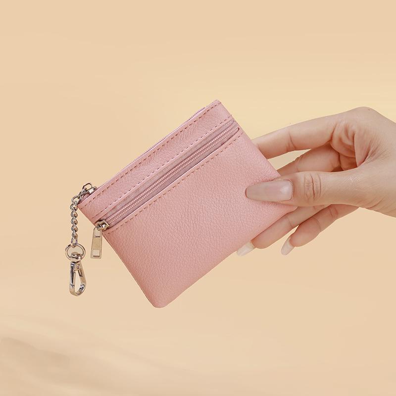 2024 Lychee Pattern Double Zipper Coin Purse, PU Solid Color Card Key Storage Bag - In Stock, Same Day Shipping
