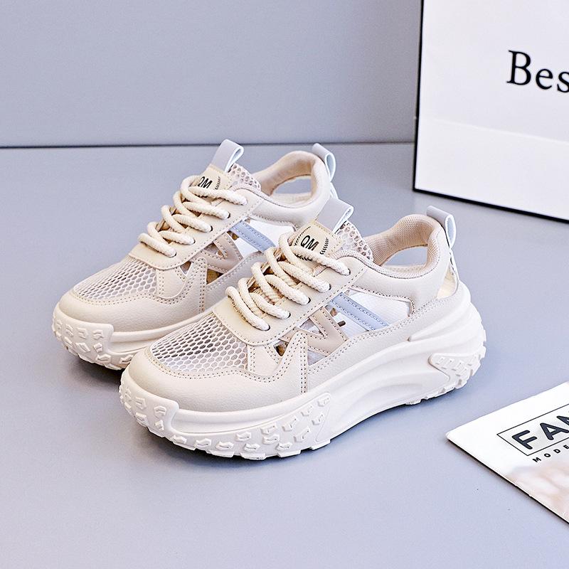 Women's Thick Soled Heightening Shoes Summer Hollow Breathable Women's Shoes Mesh All Match Sports And Leisure Daddy Shoes