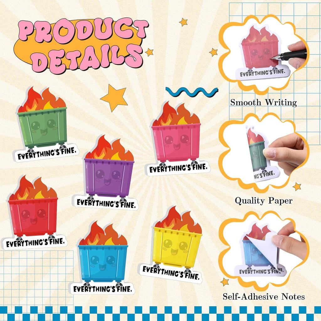 Thenshop 36 Pack Dumpster Fire Sticky Notes 3x3 Inch Funny Tearable Notepads Desk Accessories Everything is Fine Paper Pad for Teacher Appreciation