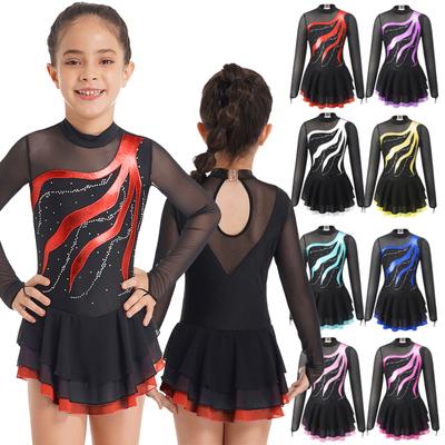 Kids Girls Long Sleeve Sequins Printing Ice Roller Figure Skating Dress Cutout Back Ballet Dancewear