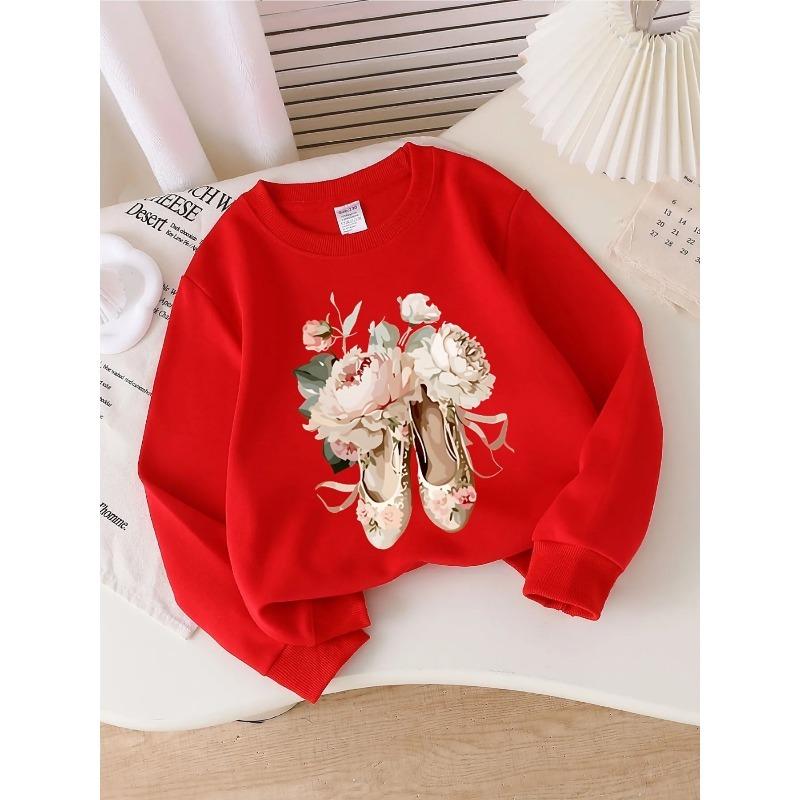 European Sizes Kids' Crewneck Sweatshirt - Floral Embroidered Ballet Shoes Pattern , Sportswear And Casual Wear, Soft And Comfortable