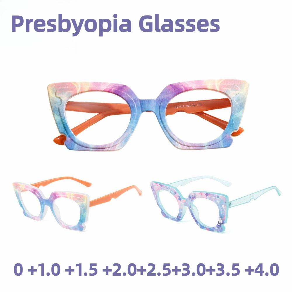 Womens Colorful Frame Presbyopia Glasses Fashion Reading Glasses Large Frame Anti Blue Light Farsighted 0 To 4 0