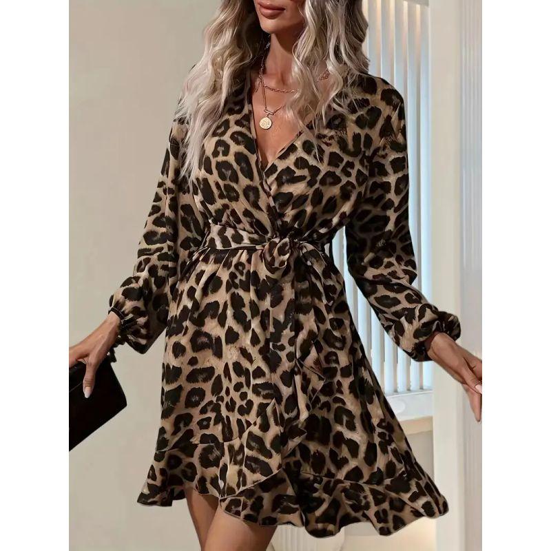 European and American Leopard Print V-neck High Waist Irregular Women's Dress Vacation Short dress Irregular Women's Dress