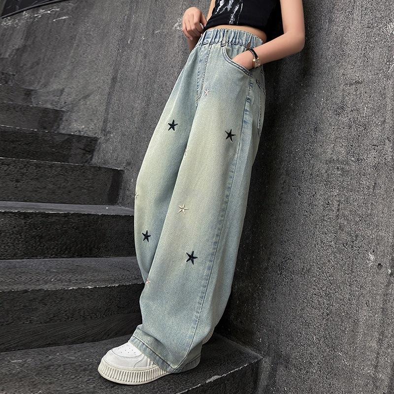 Spring Autumn Girls Jeans Embroidery Five-pointed Star Loose Pants For 3-12 Years Teen Girls Stylish Denim Wide Leg Pants
