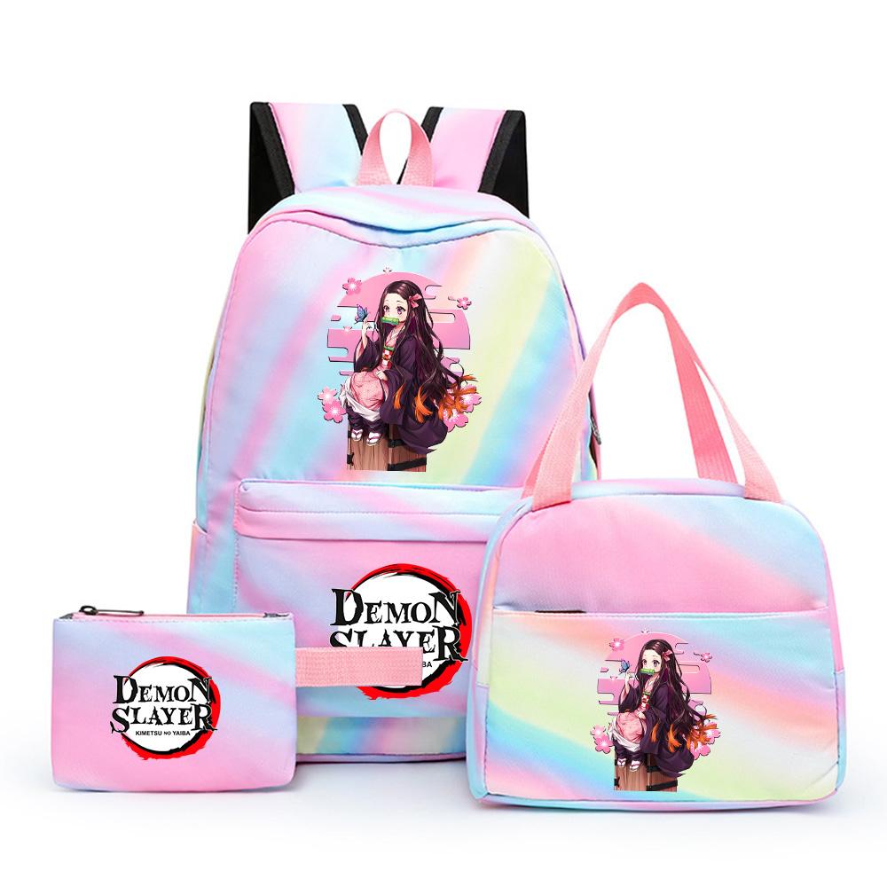 3Pcs/set Cartoon Demon Slayer Printed Backpack with Lunch Bag Pencil Case for Teenager Girl Boy Large Capacity Waterproof Bookbag Gift Mochila
