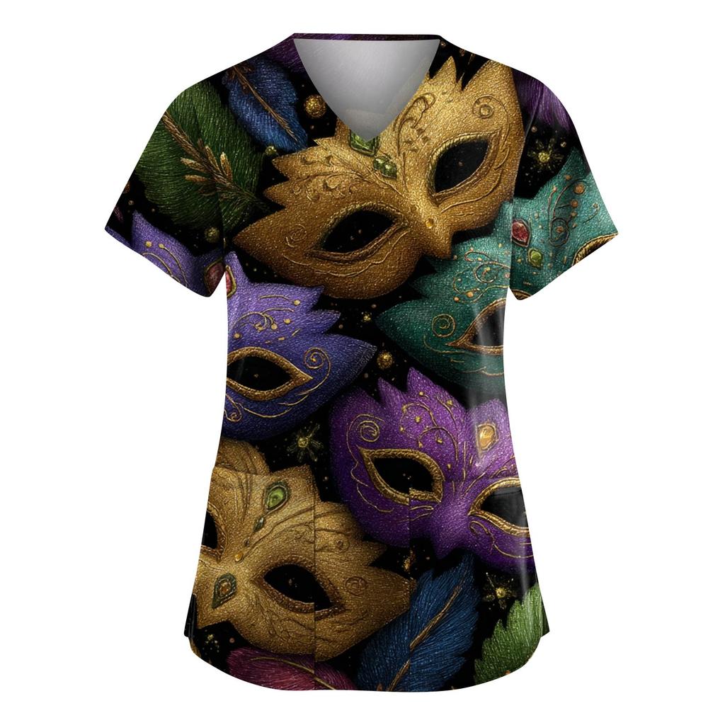 Damenmode V-Ausschnitt Kurzarm Arbeitskleidung mit Taschen Karnevals-Print Oberteil Pflegeuniform