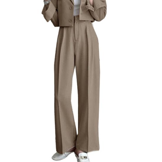 Women Pants High Waist Button Zipper Closure Casual Wide Leg Solid Color Trousers