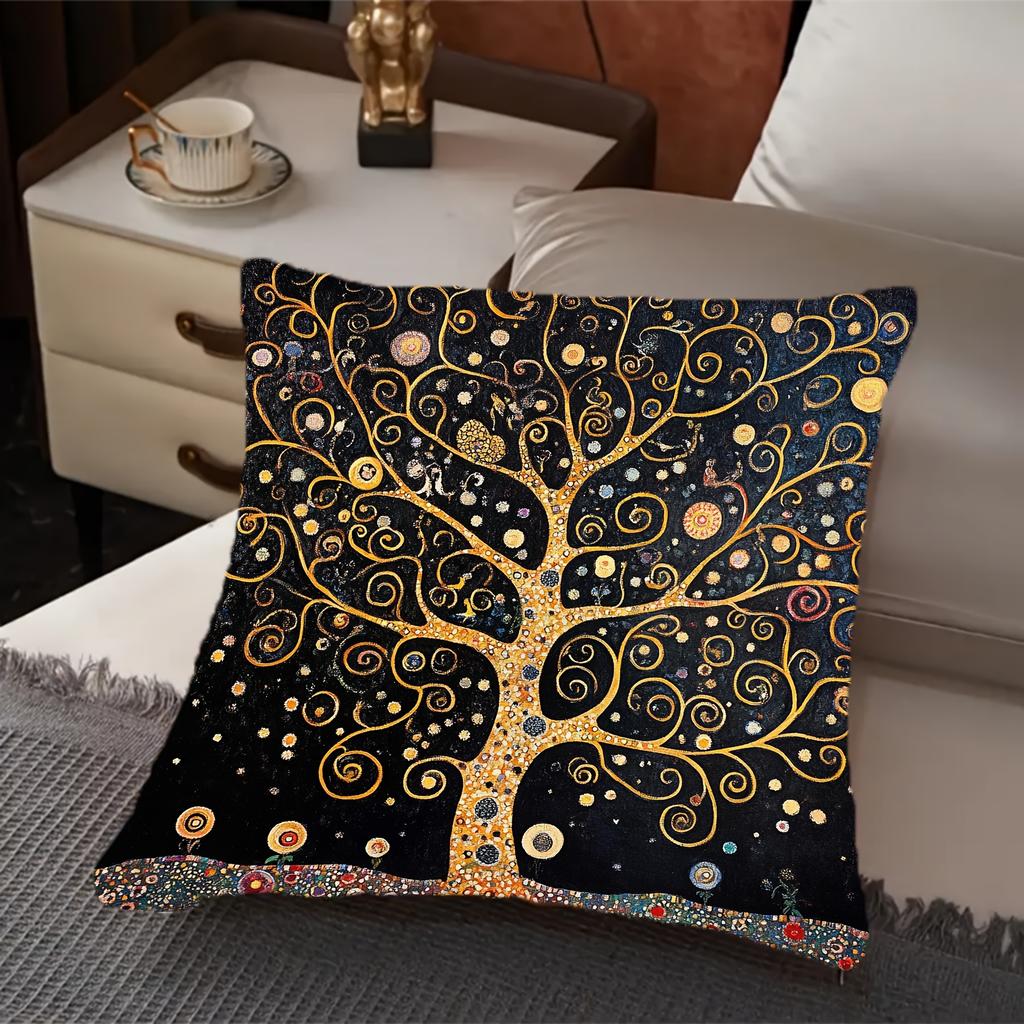 Retro Klimt Inspired Tree Of Life Pillowcase Geometric Pattern Polyester Fabric Decorative Cushion Cover For All Room Types Home