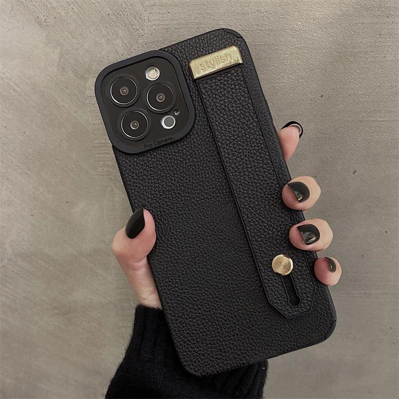 

Luxury Wrist Strap Holder Leather Texture Case For iPhone 17 16 15 11 12 13 14 Pro Max Air X S Plus Soft Silicone Bracket Cover For iPhone 14 Pro&Case & Holder