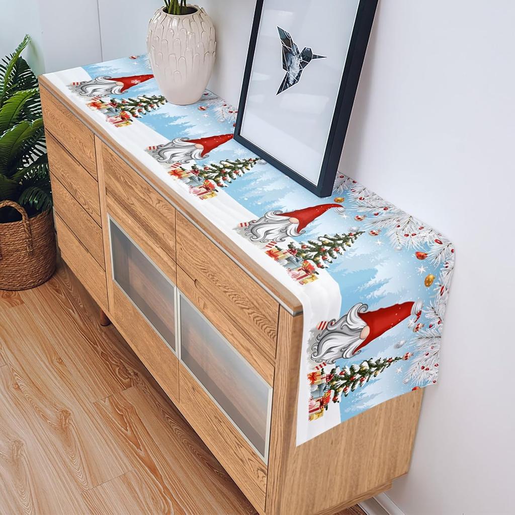 Christmas Gnome Pine Needles Snowaflake Linen Table Runner Winter Xmas Party Kitchen Dining Table Runner Navidad Decoration 2025