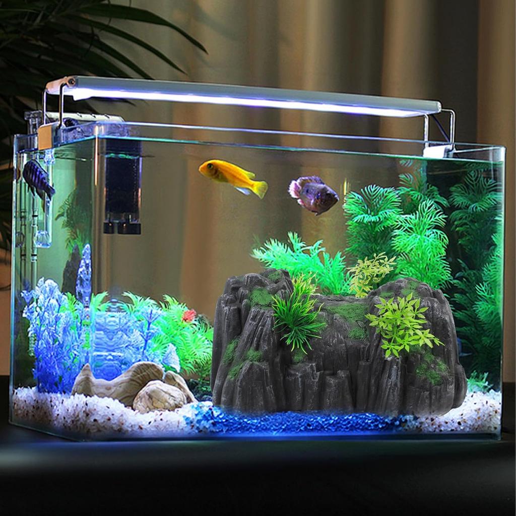 Fish Tank Hideout Cave Decor,Resin Rock Mountain Tunnel with Moss Plants Betta Cichlid Habitat Shelter for Aquarium Fish Tank Accessories 9.5 x 6 x 4