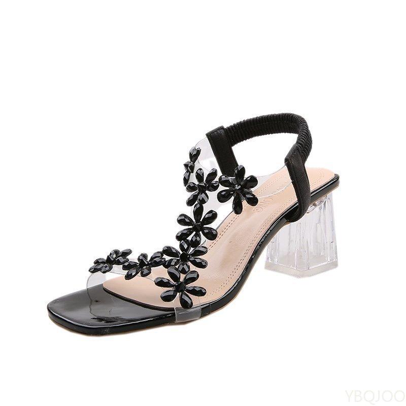 Mode Sommer Damen Sandalen Pvc Kristall Blume Dekoration Blockabsatz Fersenriemen Elastisch Peeptoe Damen Band Elegant Mode Schuhe