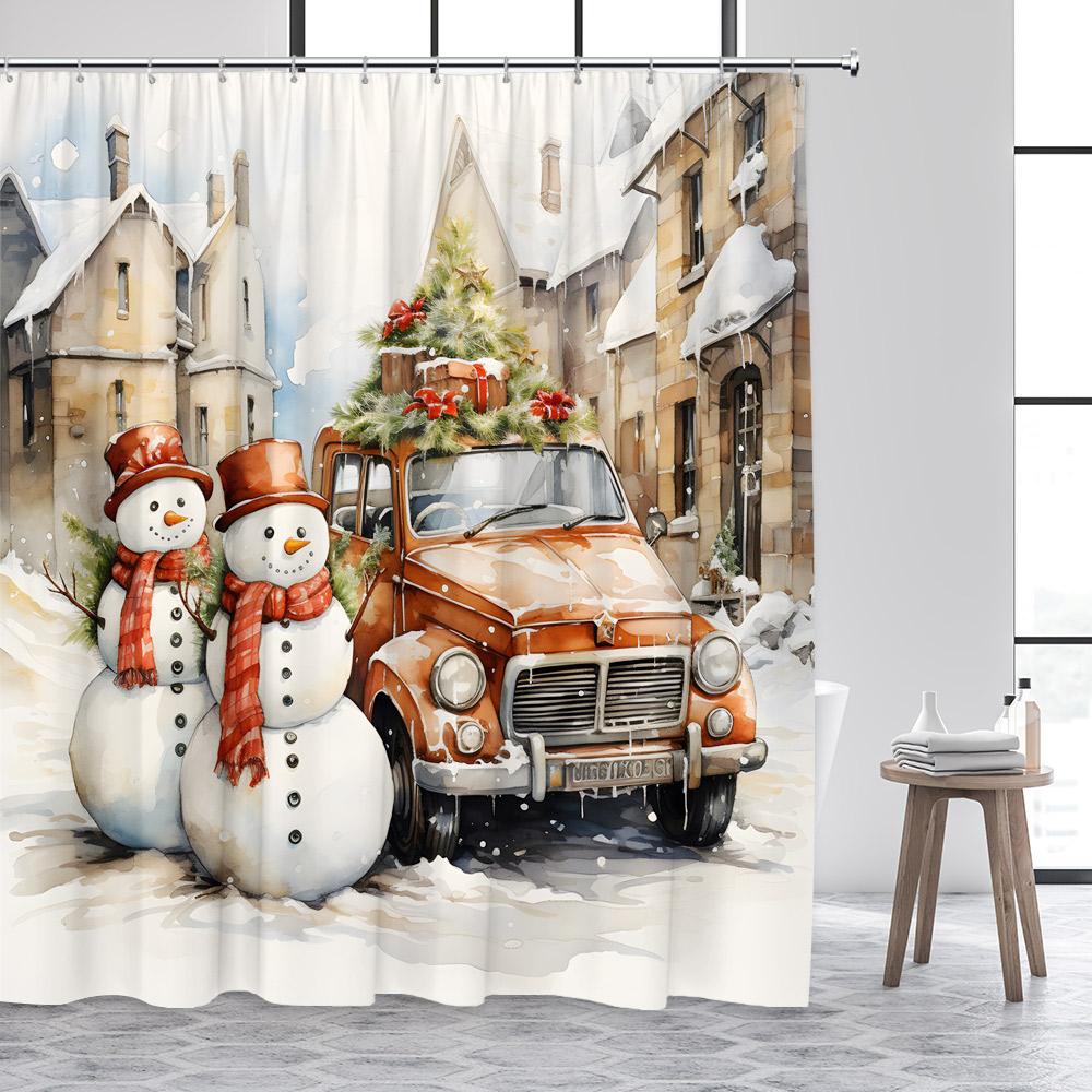 Niedlicher Schneemann Weihnachts-Duschvorhang Vintage Bauernhof-LKW Weihnachtsbaum Elch Winterwaldlandschaft Heim Badezimmer Dekoration Duschvorhänge