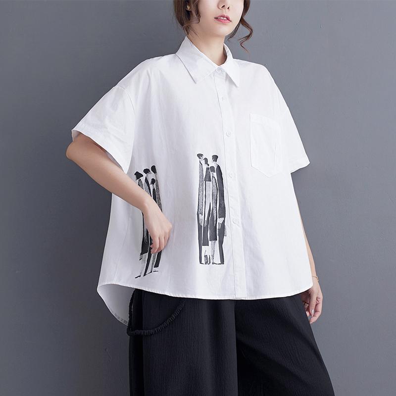 

DIMANAF 2024. Новинка літа. Стильна блузка з вінтажним дизайном і короткими рукавами. Повсякденна сорочка на ґудзиках. Жіноча вільна сорочка. Сорочка з геометричним принтом. One Size білий