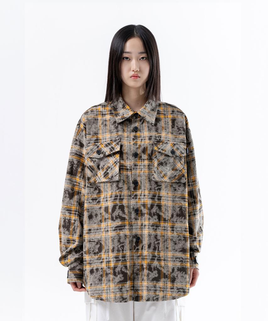Deogdaibeu Velcro Washed Check Shirt Jacket Brown