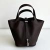 Leichter Luxus Echte Rindsleder Korb-Stil Eimer Tasche Neu für Damen Silberfarbener Schlossverschluss Oberer Griff Handtasche, KEIN LOGO