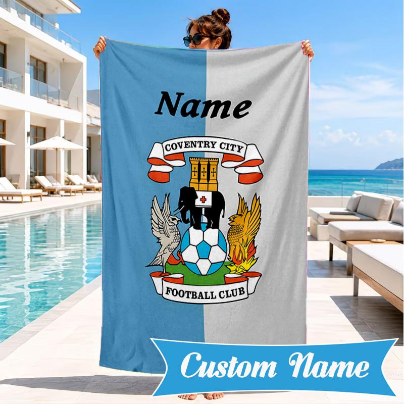Custom Name Beach Towel Coventry Football Club Crest Microfiber Beach Towel, Lightweight for Summer Travel, Swimming Pool Fan Birthday Gift