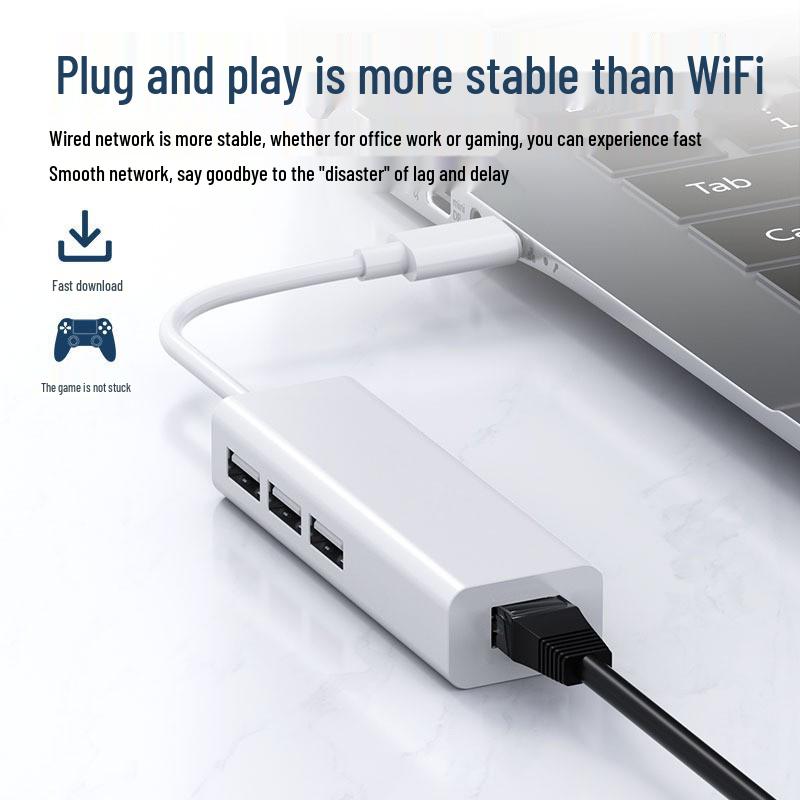 RJ45 Type-C to USB Network Card Converter, USB2.0 HUB, Driver-Free 100Mbps Wired Network Adapter