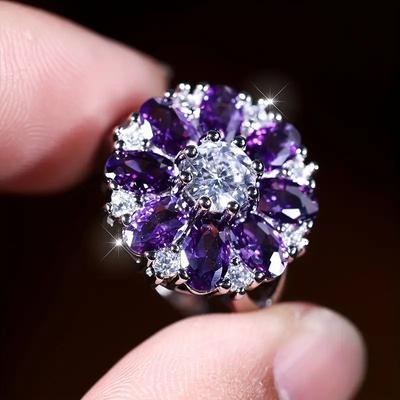 Vintage Female Oval Cut Purple Stone Floral Petal Ring Silvery Color Engagement Flower Ring Bride Wedding Rings for Women