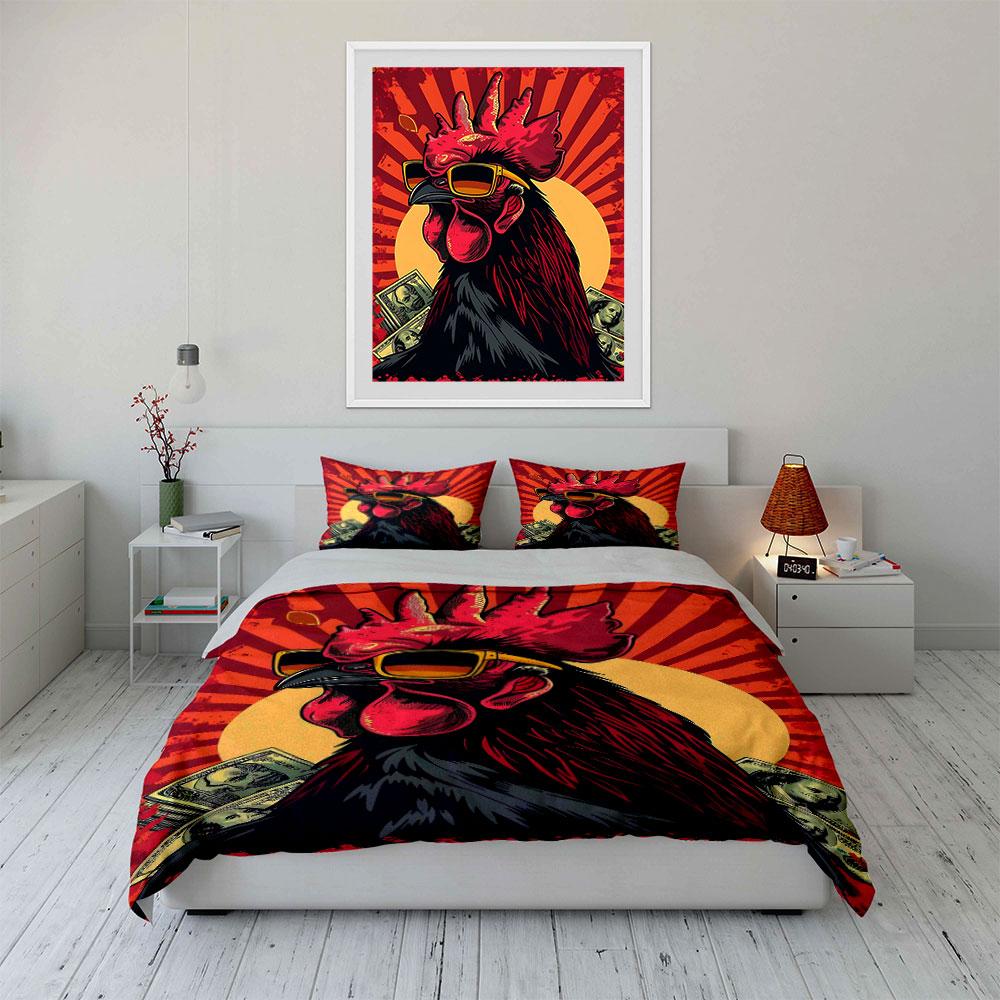 Stylish rooster, sunglasses, money. Bedding sets Duvet cover sets Duvet covers Pillowcases(1 * Duvet Cover 2 * Pillowcases without duvet insert)